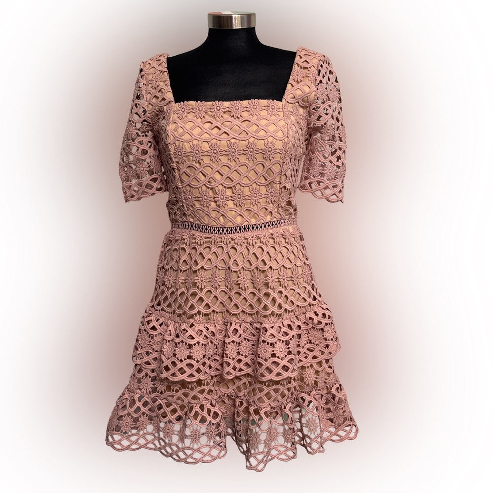 Just Me Pink Lace Tiered Mini Dress | Size Small